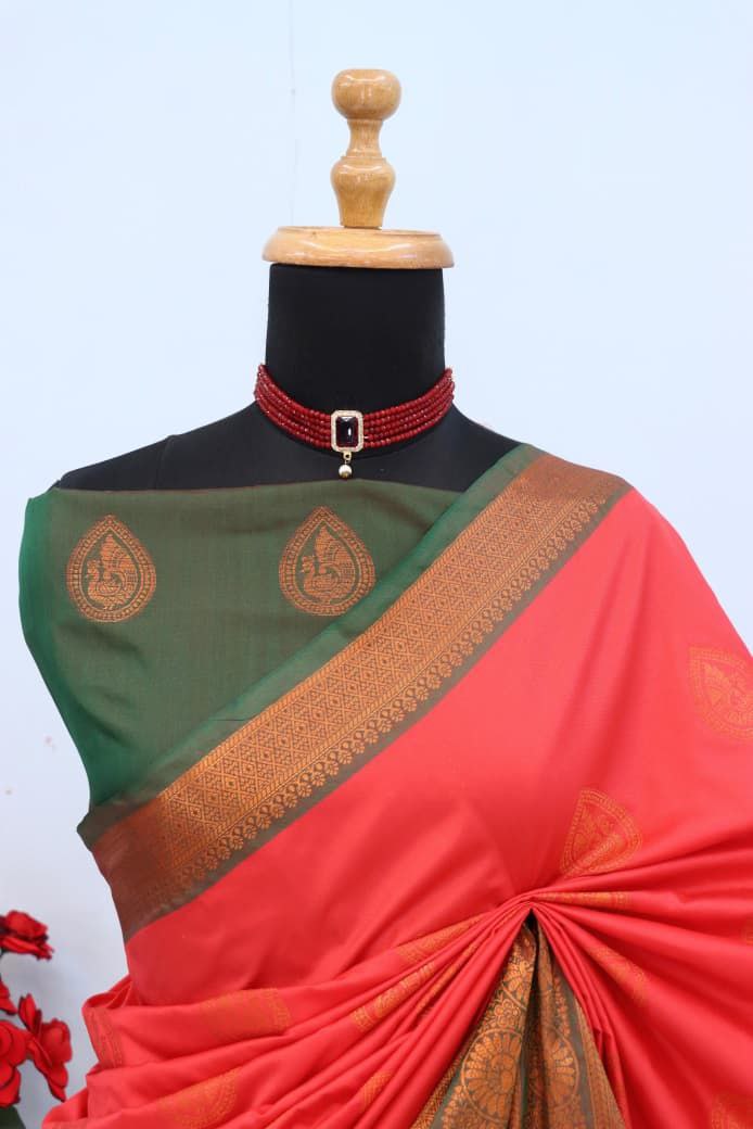 Royal Aqua Blue Banarasi Silk Saree with Contrast Purple Zari Border - ORANGE
