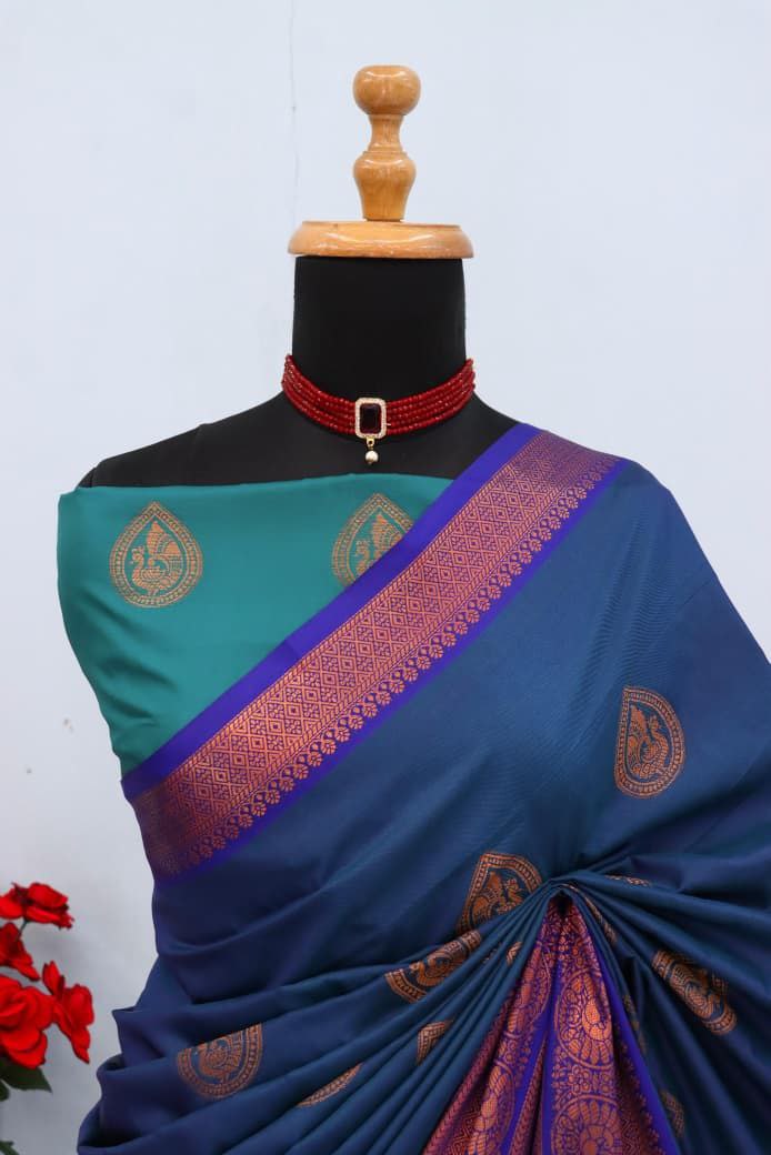 Royal Aqua Blue Banarasi Silk Saree with Contrast Purple Zari Border - BLUE