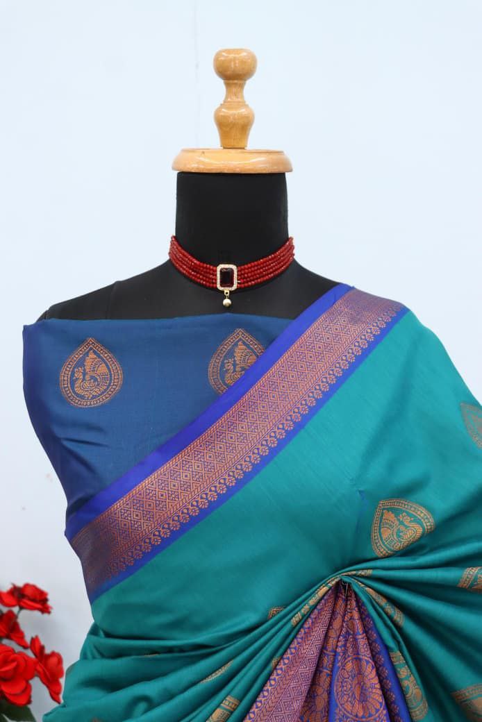 Royal Aqua Blue Banarasi Silk Saree with Contrast Purple Zari Border - RAMA