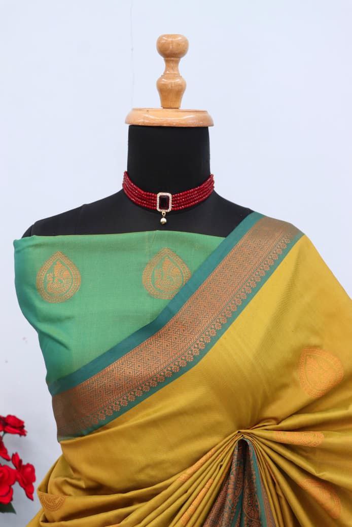 Royal Aqua Blue Banarasi Silk Saree with Contrast Purple Zari Border - YELLOW