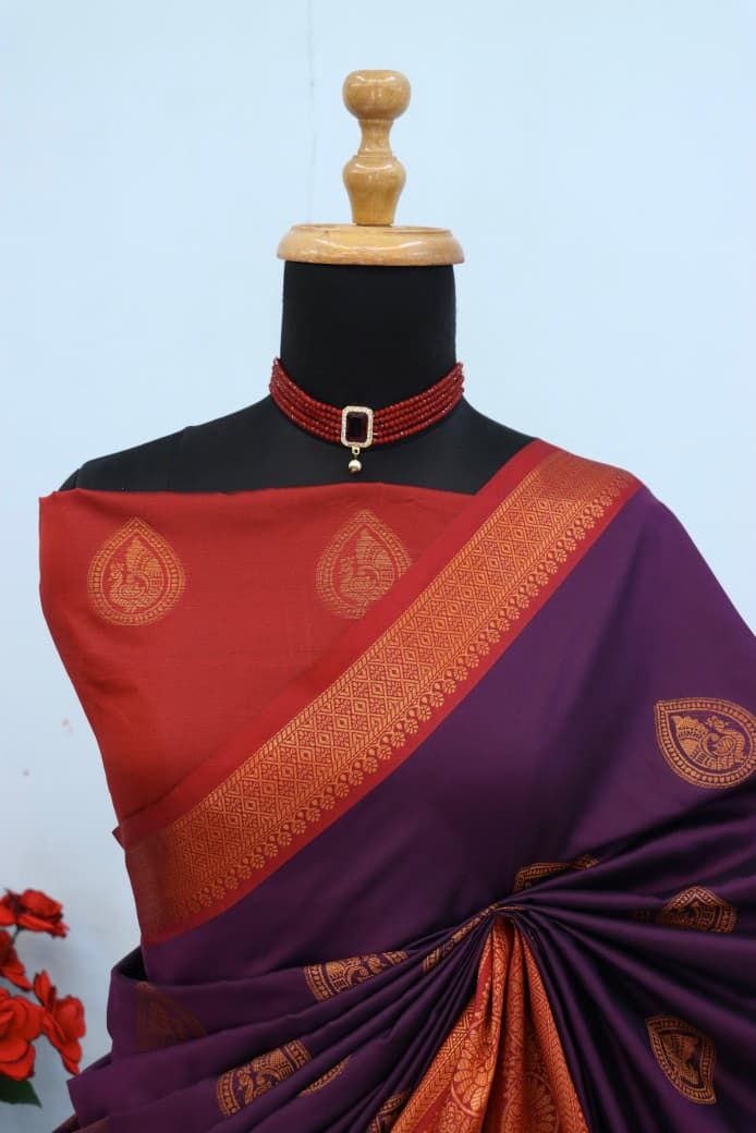 Royal Aqua Blue Banarasi Silk Saree with Contrast Purple Zari Border - WINE