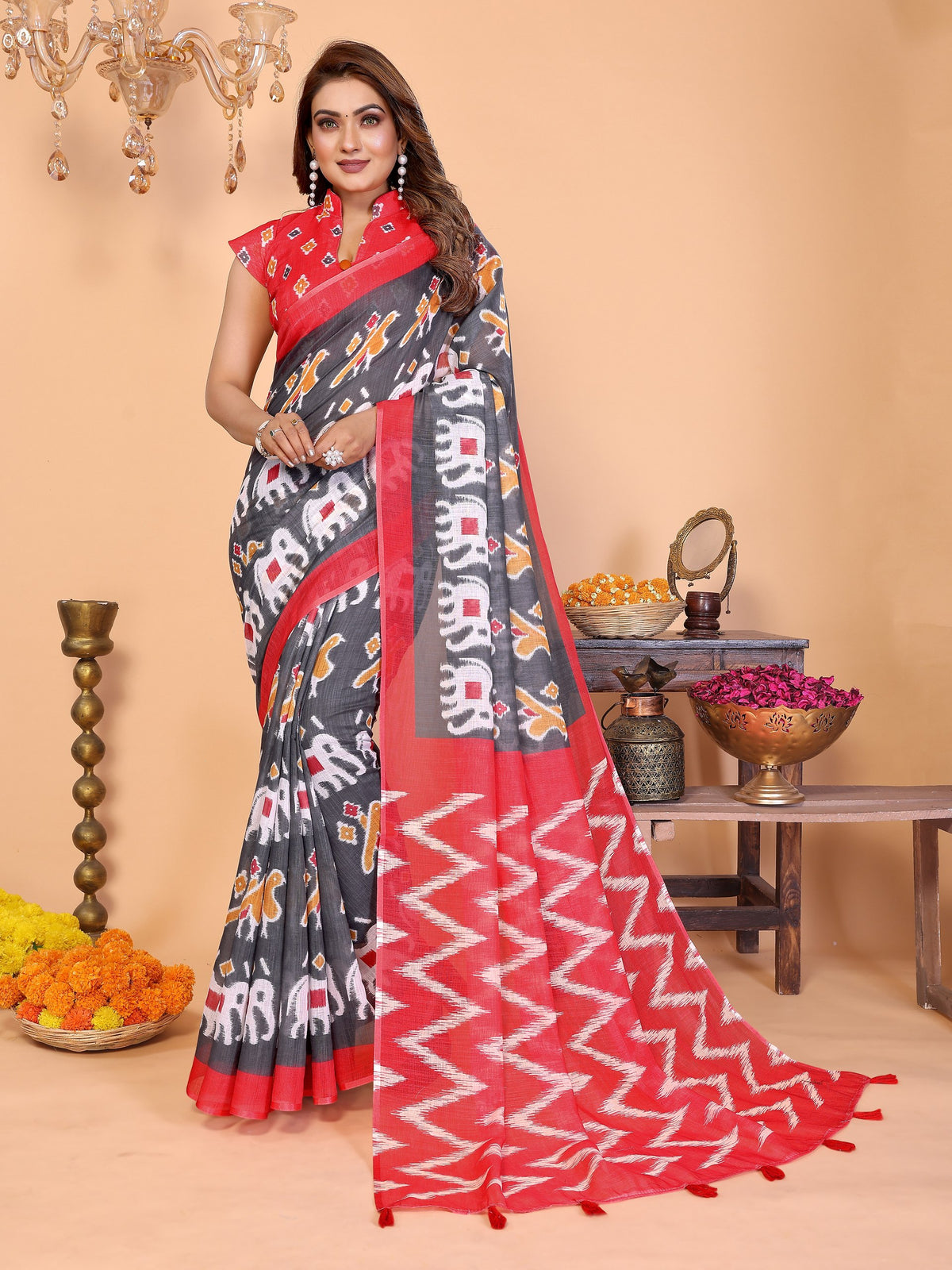 Shree Hari Creation Ikkat Patola Soft Linen Cotton Saree with Matching Blouse Piece
