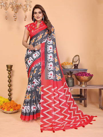 Shree Hari Creation Ikkat Patola Soft Linen Cotton Saree with Matching Blouse Piece