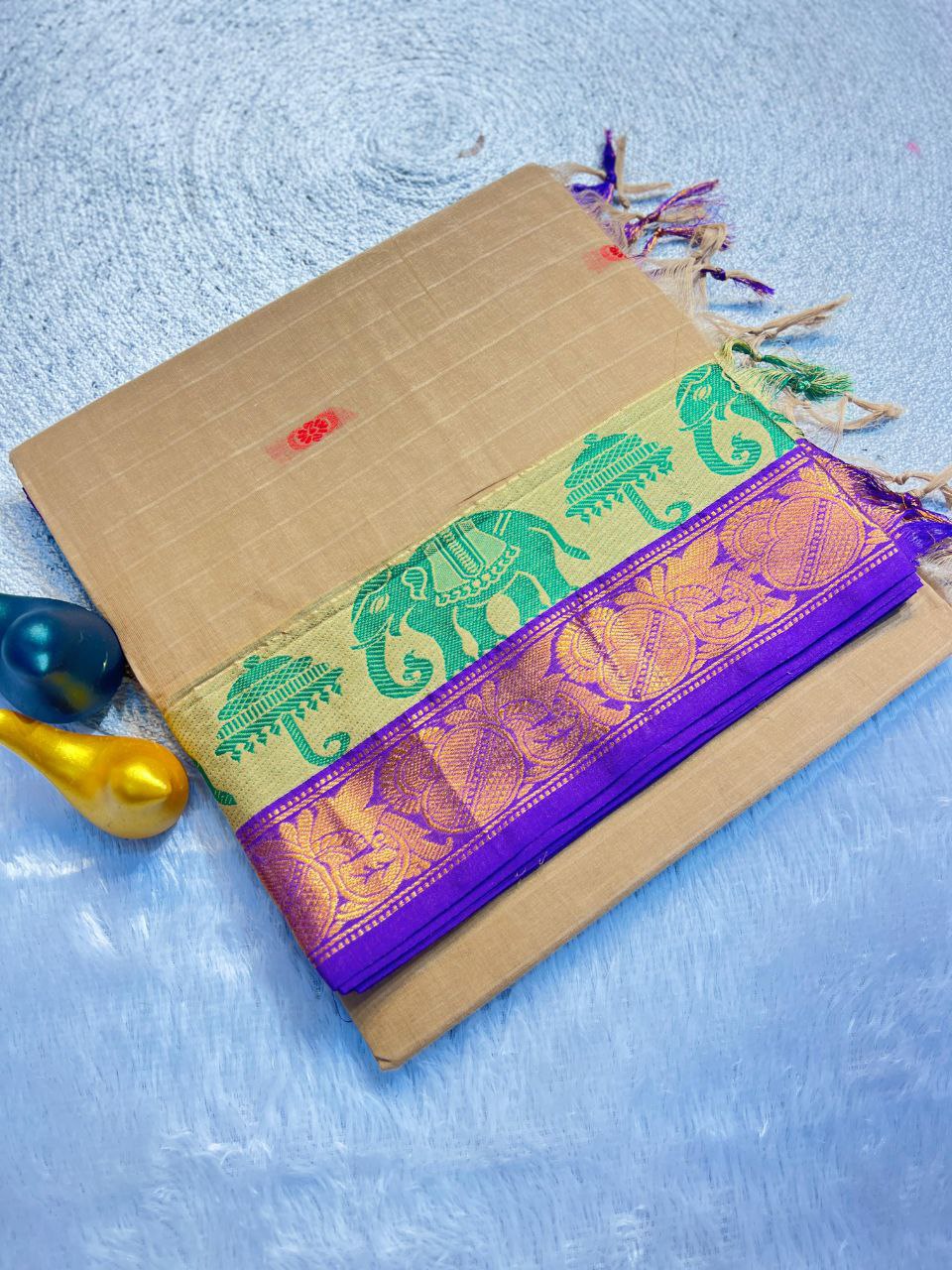 Classic Elephant Motif Designer Saree - CREAM