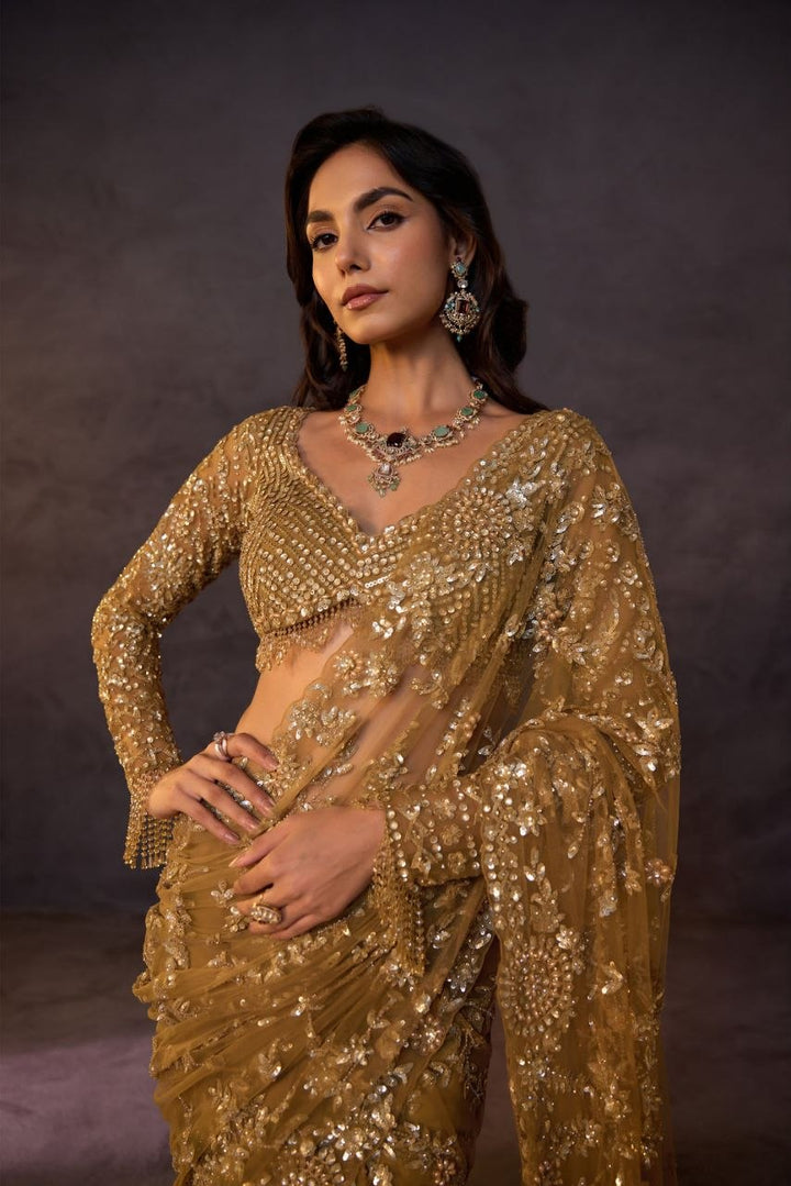 Golden Luxe Hand-Embroidered Sequins Net Saree with Designer Blouse