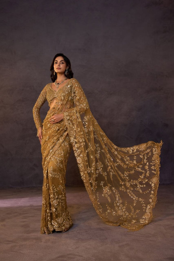 Golden Luxe Hand-Embroidered Sequins Net Saree with Designer Blouse