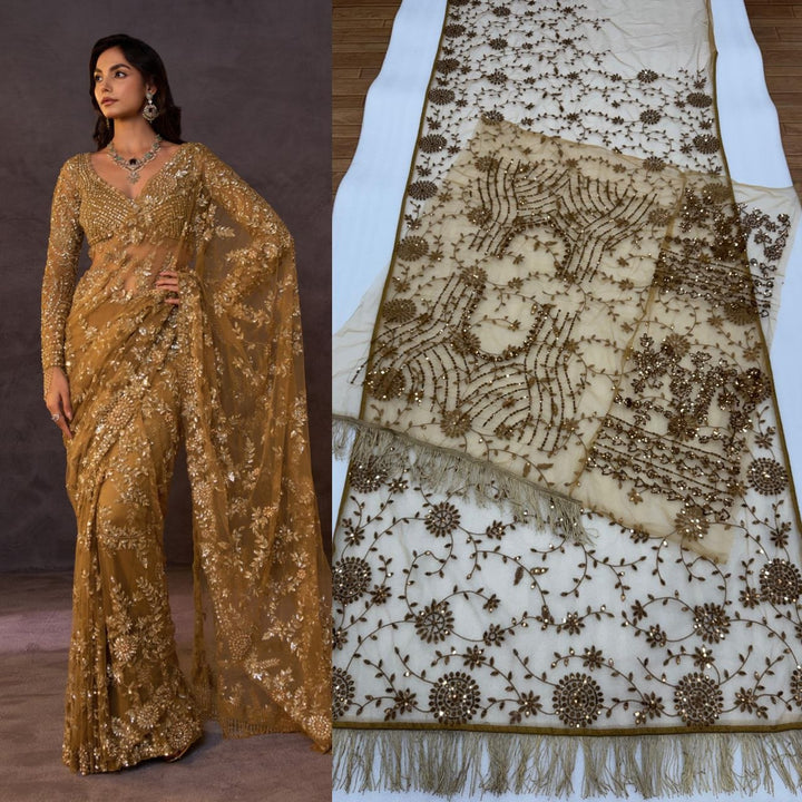 Golden Luxe Hand-Embroidered Sequins Net Saree with Designer Blouse