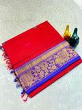 Mustard Gold Silk Saree with Blue Brocade Border RED