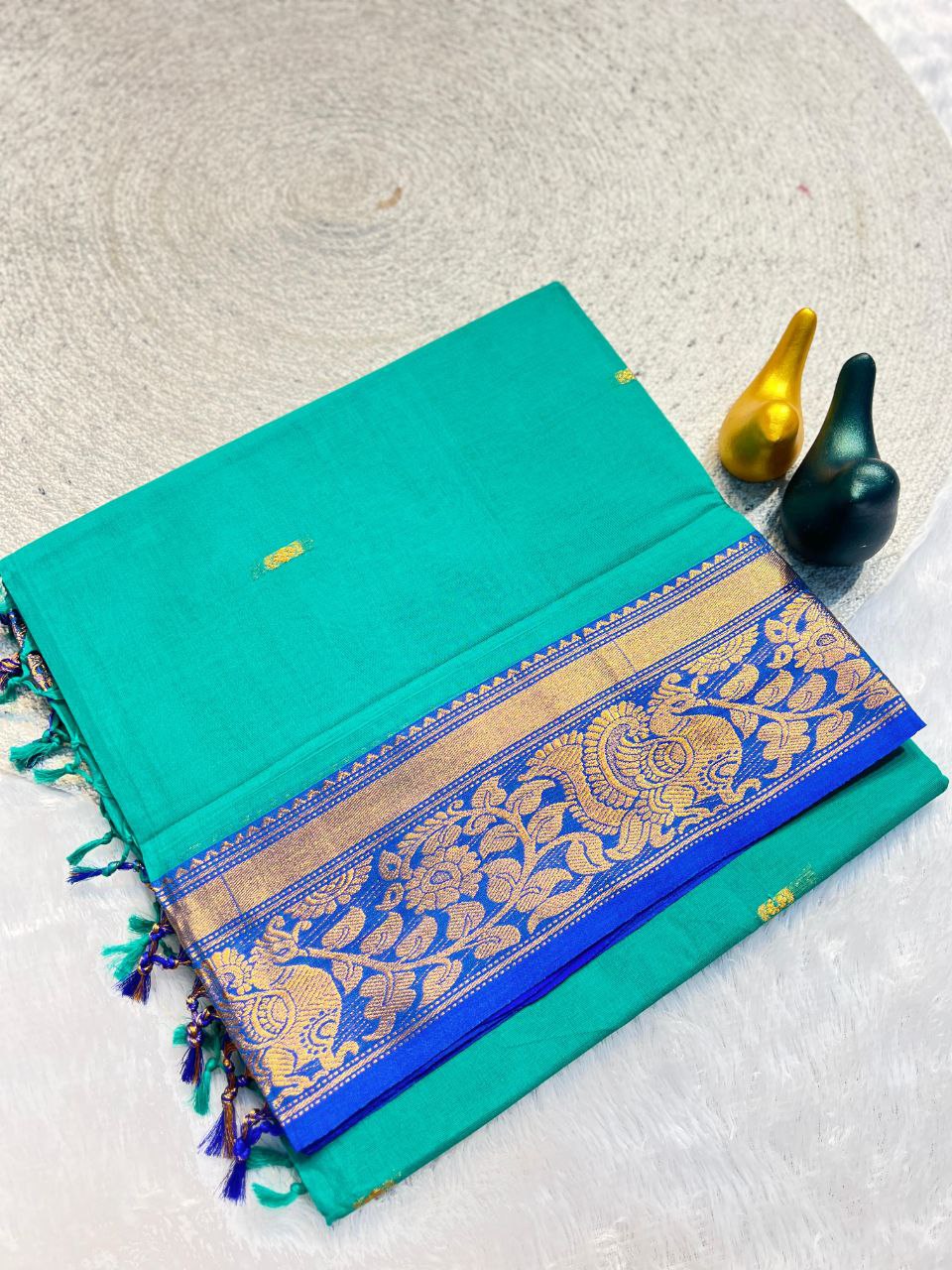Mustard Gold Silk Saree with Blue Brocade Border SKY BLUE