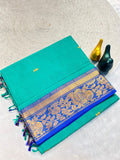 Mustard Gold Silk Saree with Blue Brocade Border SKY BLUE