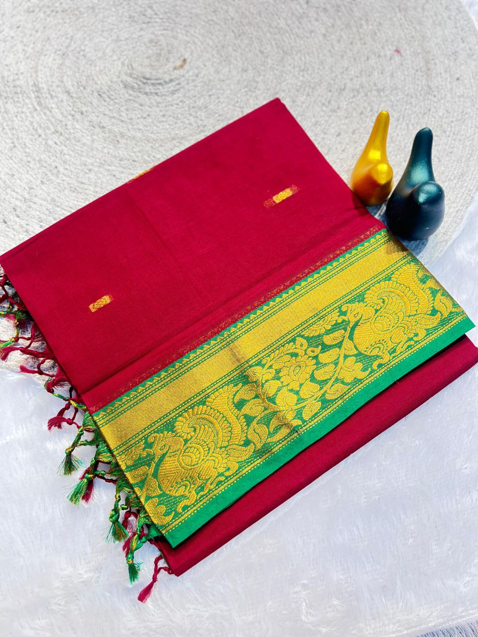 Mustard Gold Silk Saree with Blue Brocade Border MARRON