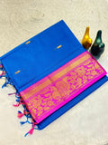 Mustard Gold Silk Saree with Blue Brocade Border BLUE