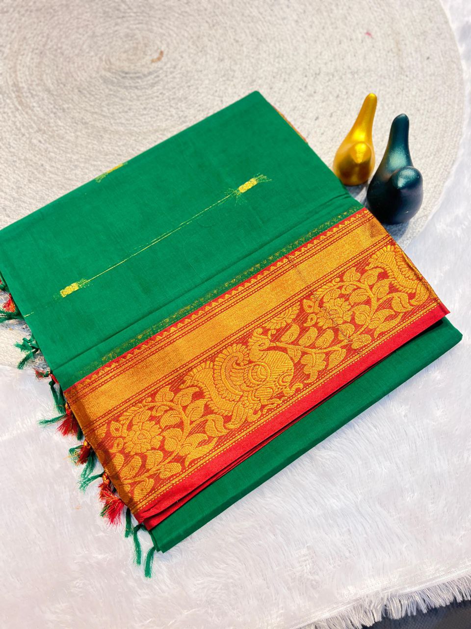 Mustard Gold Silk Saree with Blue Brocade Border GREEN