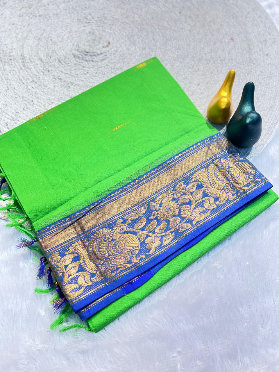 Mustard Gold Silk Saree with Blue Brocade Border PARROT