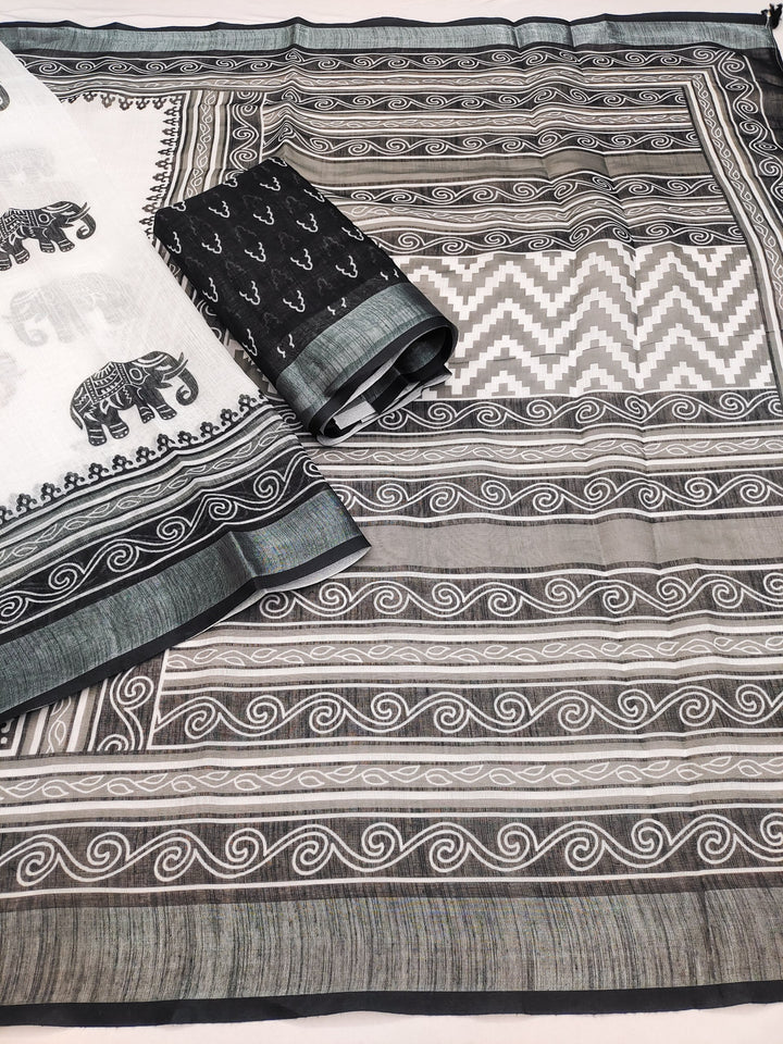 Handloom Linen Cotton Printed Saree with Silver Zari Border &amp; Tassel Pallu