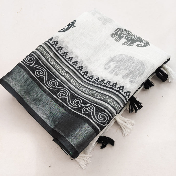 Handloom Linen Cotton Printed Saree with Silver Zari Border &amp; Tassel Pallu