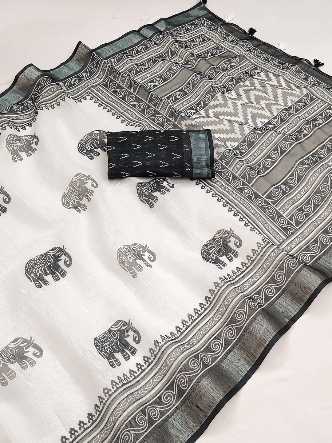 Handloom Linen Cotton Printed Saree with Silver Zari Border &amp; Tassel Pallu