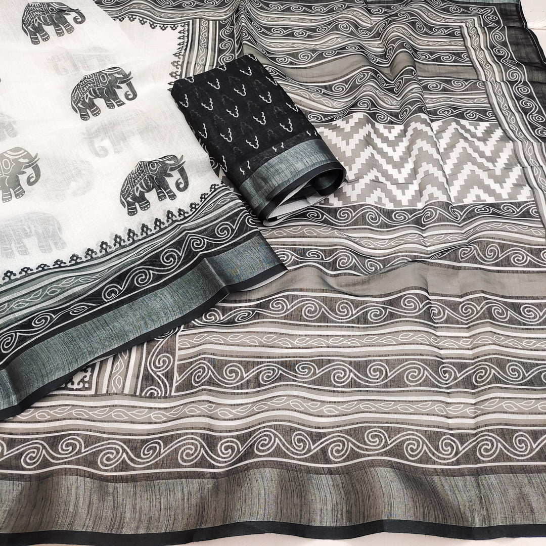 Handloom Linen Cotton Printed Saree with Silver Zari Border &amp; Tassel Pallu