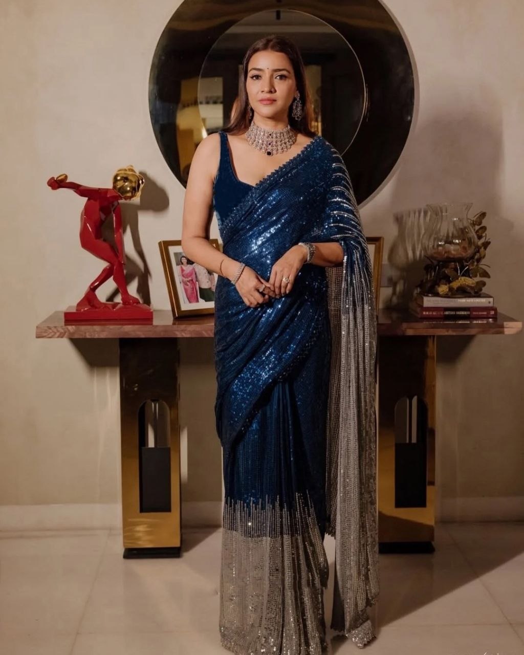 Royal Midnight Blue Sequin Designer Saree with Silver Ombre Detailing