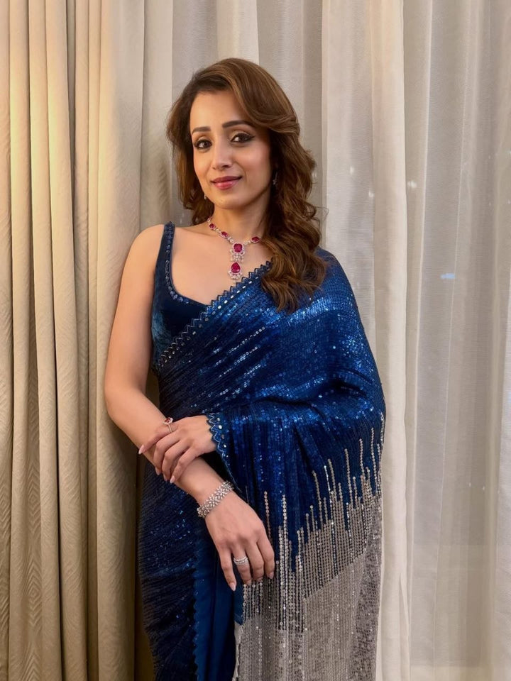 Royal Midnight Blue Sequin Designer Saree with Silver Ombre Detailing