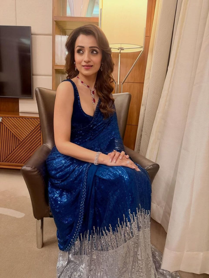 Royal Midnight Blue Sequin Designer Saree with Silver Ombre Detailing