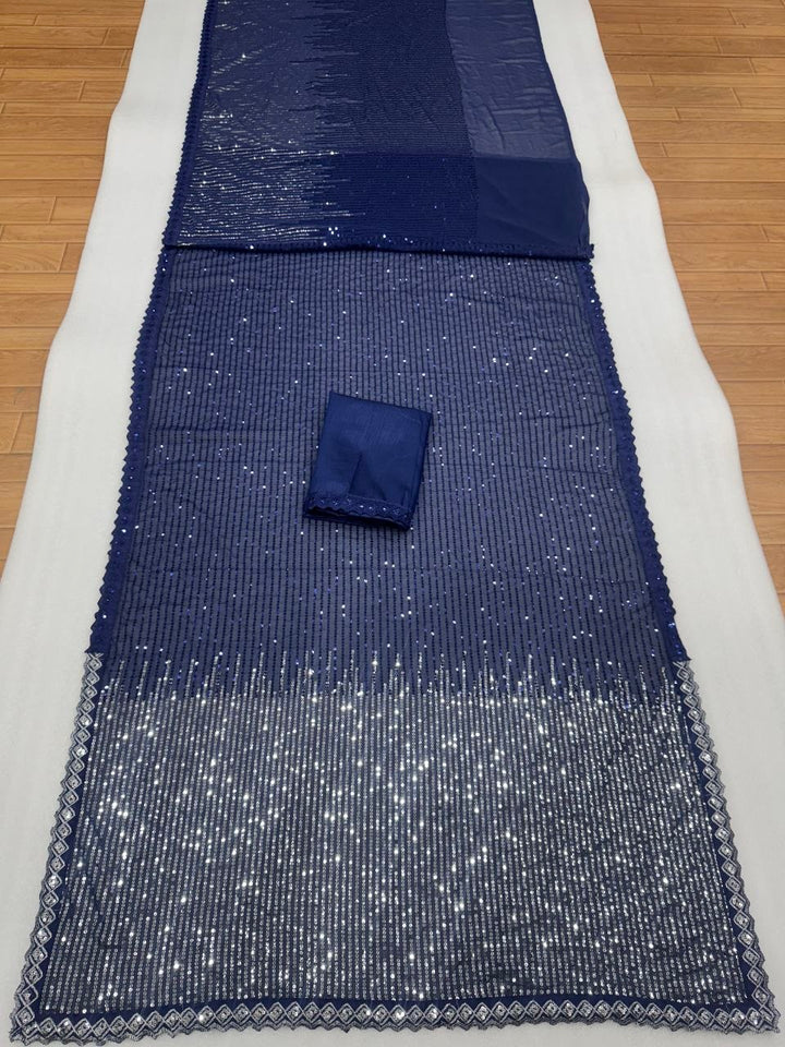Royal Midnight Blue Sequin Designer Saree with Silver Ombre Detailing