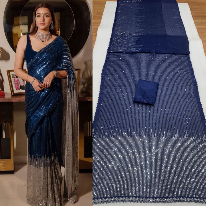 Royal Midnight Blue Sequin Designer Saree with Silver Ombre Detailing