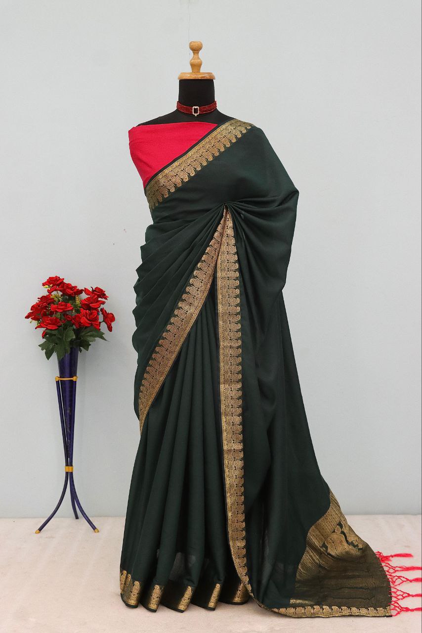 Majestic Emerald Traditional Silk Saree with Intricate Temple Zari Weaving - BLACK