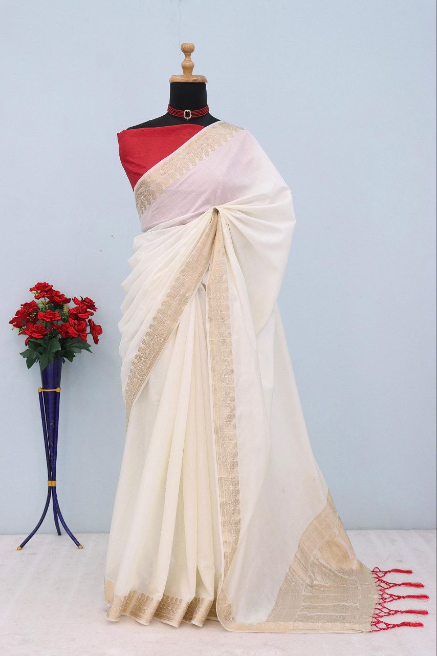 Majestic Emerald  Traditional Silk Saree with Intricate Temple Zari Weaving - WHITE