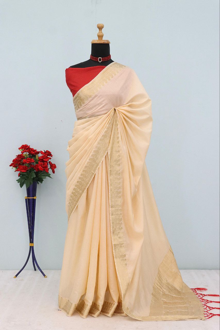 Majestic Emerald  Traditional Silk Saree with Intricate Temple Zari Weaving - CREAM