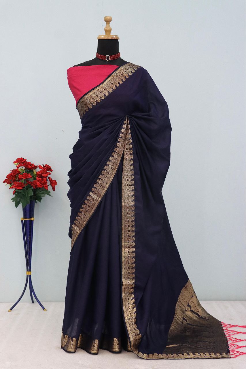 Majestic Emerald  Traditional Silk Saree with Intricate Temple Zari Weaving - NAVY BLUE