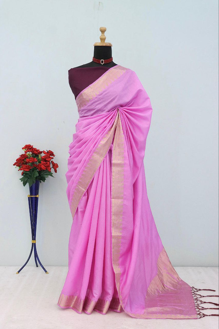 Majestic Emerald  Traditional Silk Saree with Intricate Temple Zari Weaving -LIGHT PINK