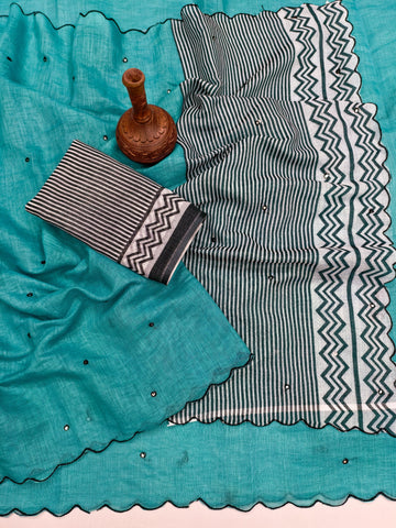Elegant Soft Linen Cotton Saree with Aari Mirror Work & Arco Border-INDIGO