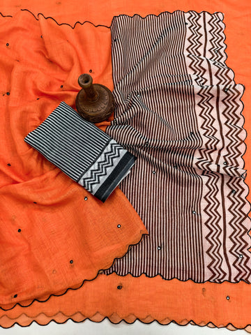 Elegant Soft Linen Cotton Saree with Aari Mirror Work & Arco Border - DARK ORENGE