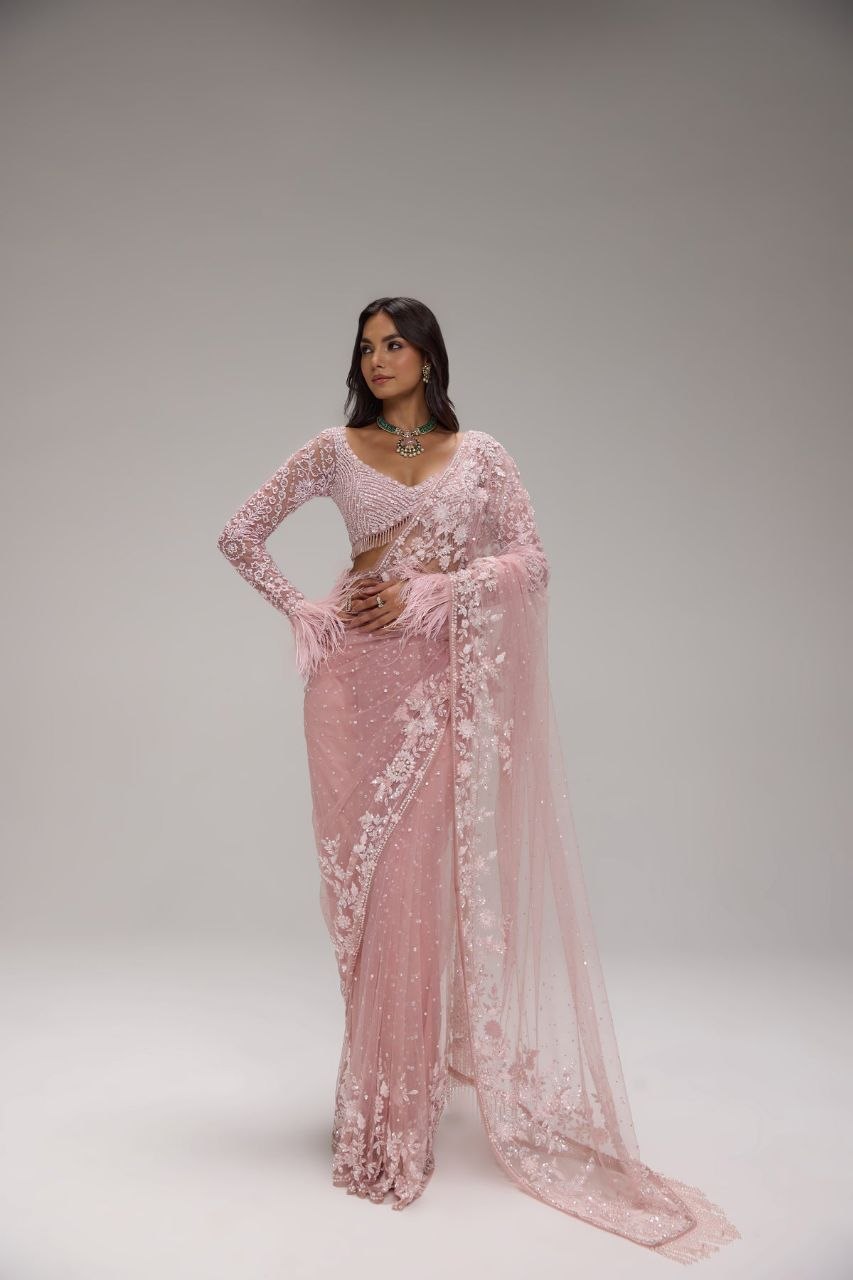 Blush Pink Hand-Embroidered Net Saree with Designer Feather Blouse