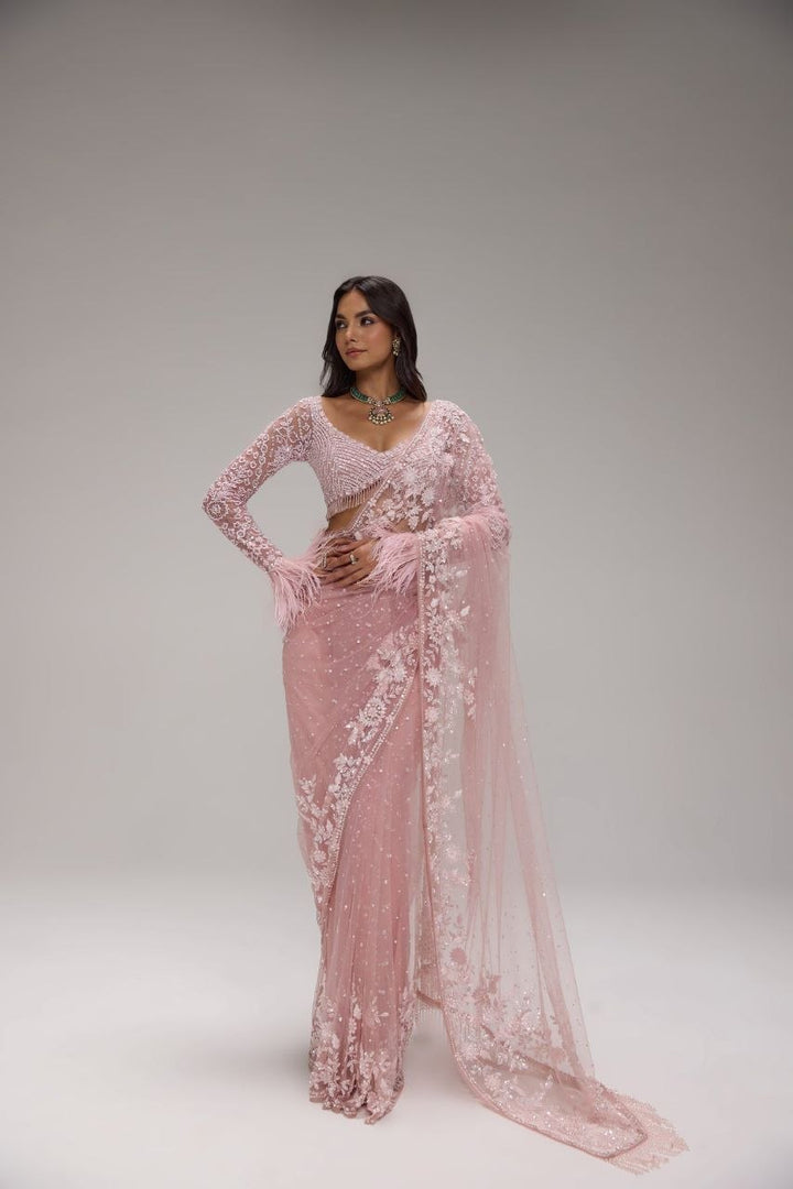 Blush Pink Hand-Embroidered Net Saree with Designer Feather Blouse