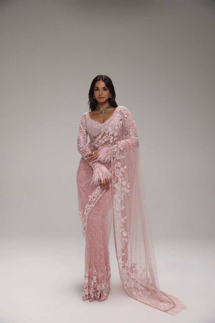 Blush Pink Hand-Embroidered Net Saree with Designer Feather Blouse