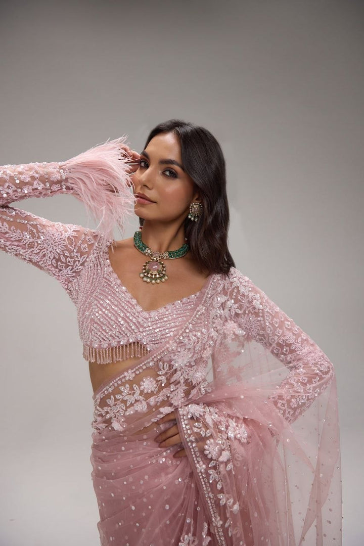Blush Pink Hand-Embroidered Net Saree with Designer Feather Blouse