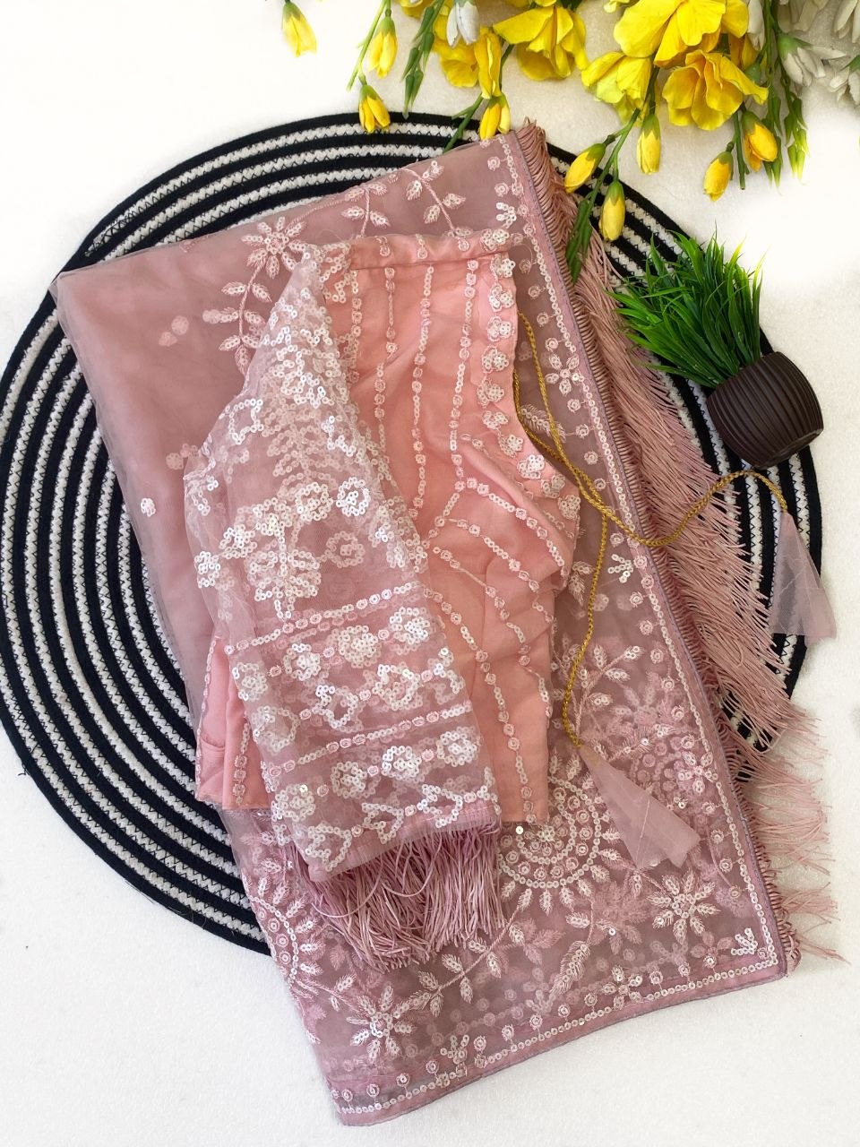 Blush Pink Hand-Embroidered Net Saree with Designer Feather Blouse