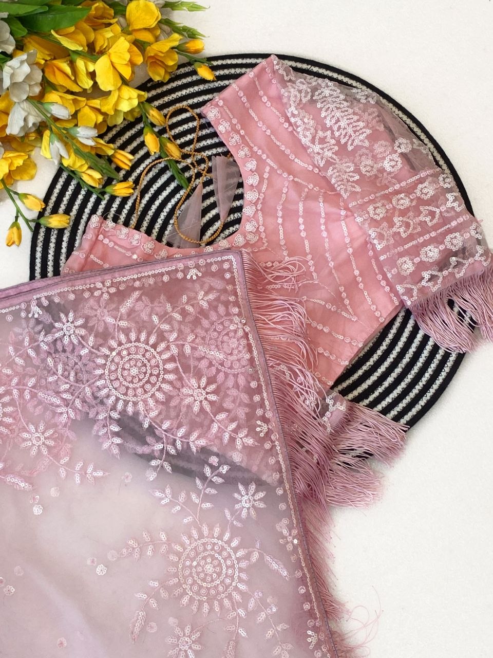 Blush Pink Hand-Embroidered Net Saree with Designer Feather Blouse