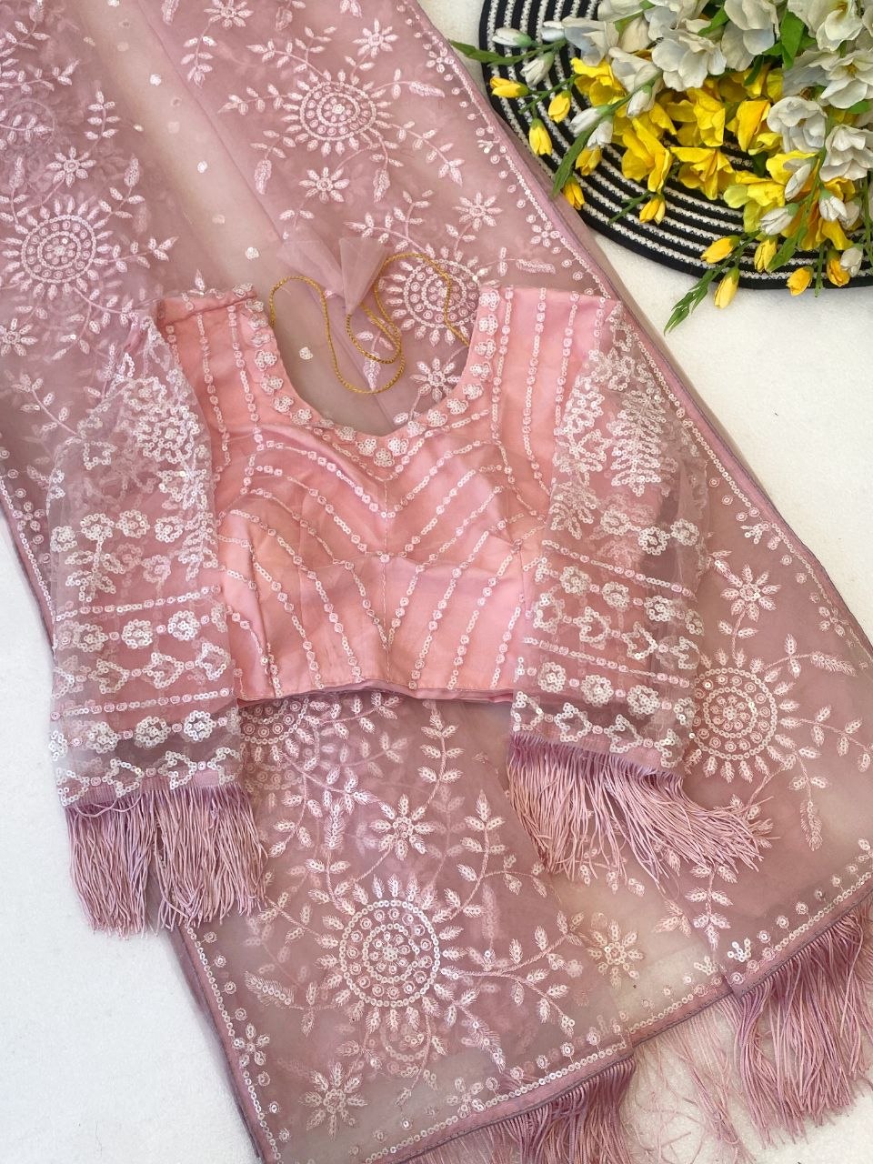 Blush Pink Hand-Embroidered Net Saree with Designer Feather Blouse