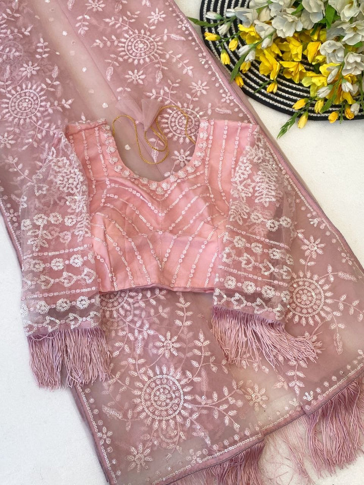 Blush Pink Hand-Embroidered Net Saree with Designer Feather Blouse