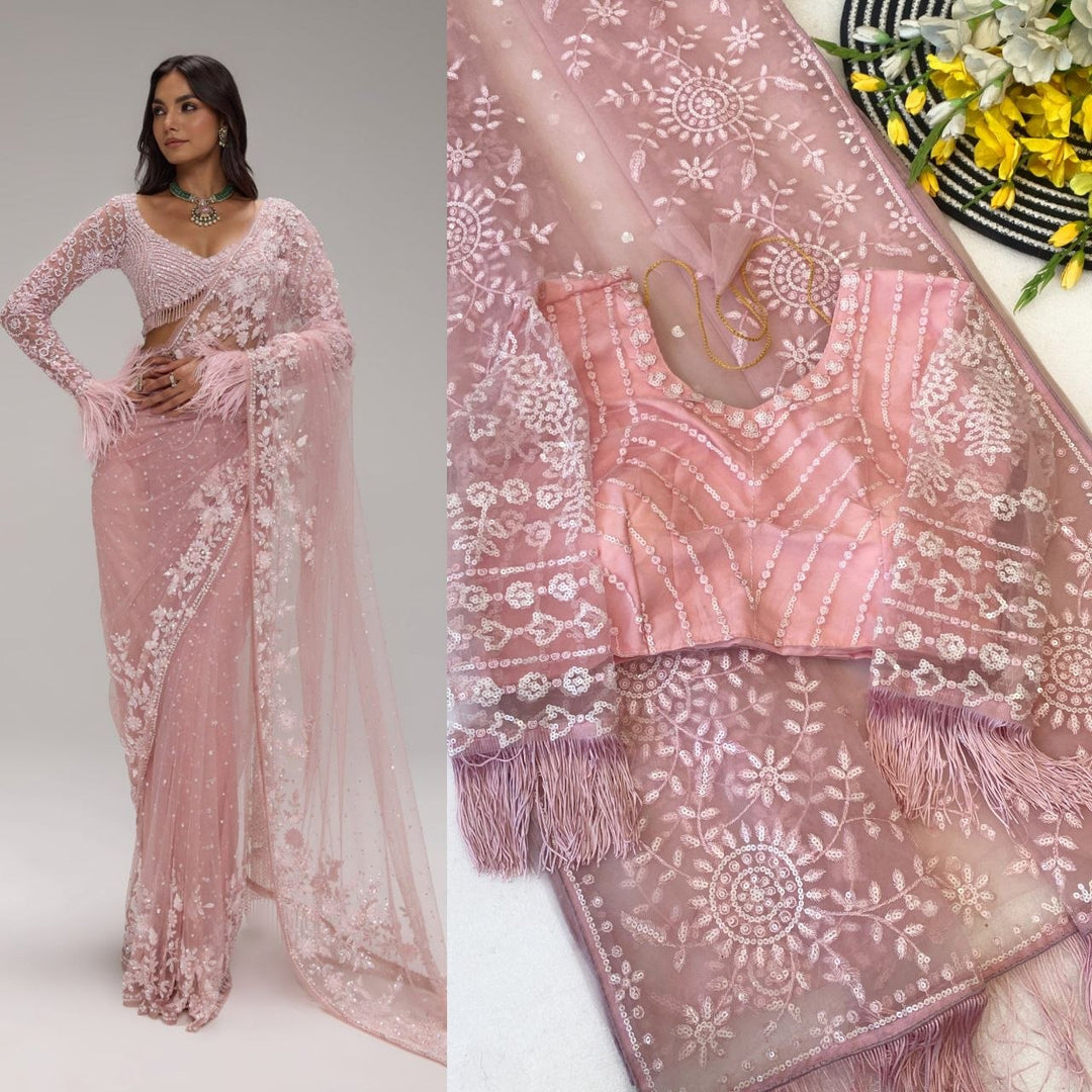 Blush Pink Hand-Embroidered Net Saree with Designer Feather Blouse