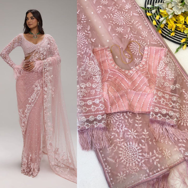 Blush Pink Hand-Embroidered Net Saree with Designer Feather Blouse