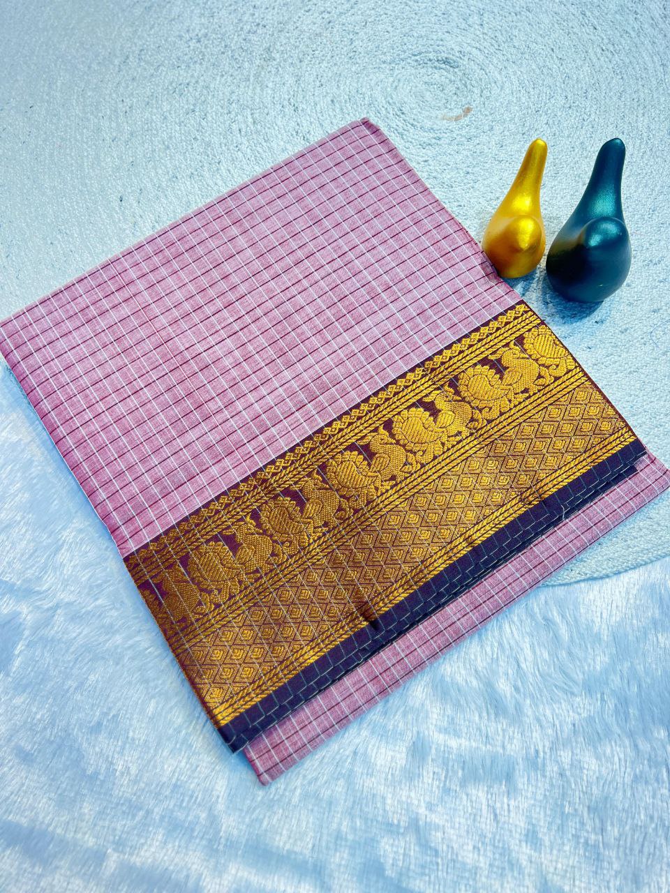Graceful Checked Weave Saree with Traditional Woven Border - PINK