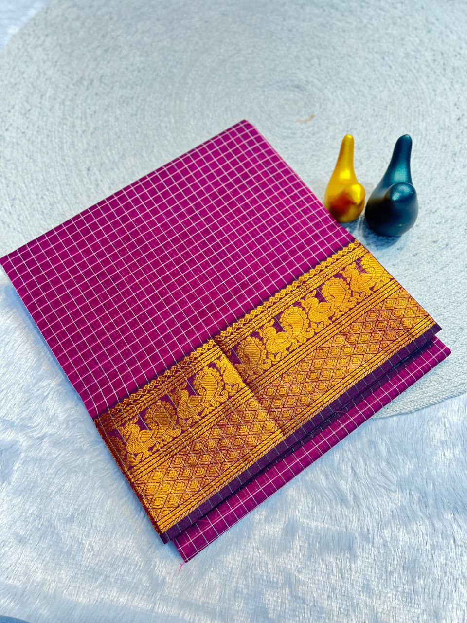 Graceful Checked Weave Saree with Traditional Woven Border - RANI PINK