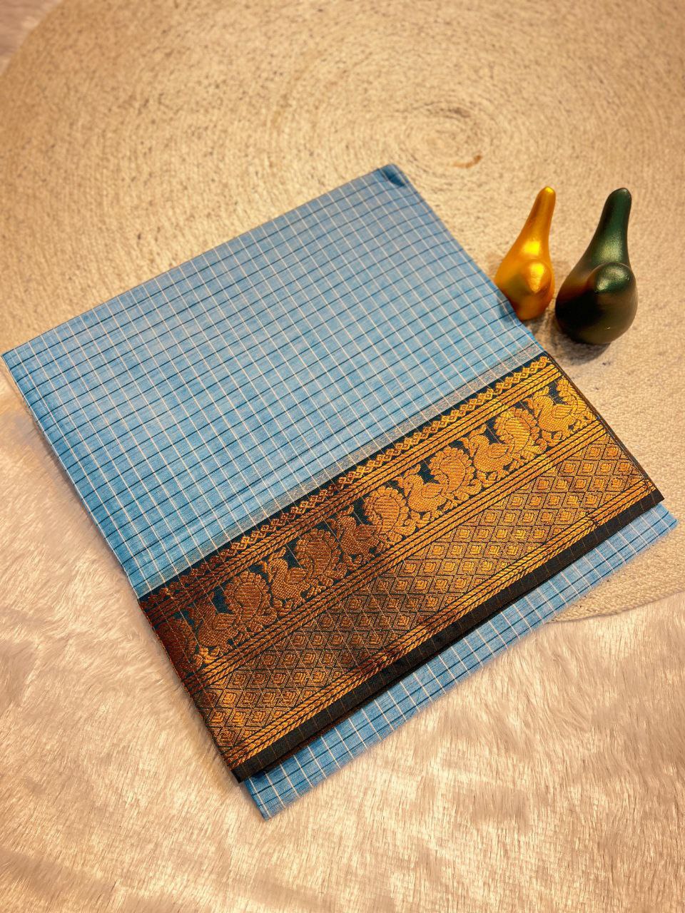 Graceful Checked Weave Saree with Traditional Woven Border - SKY