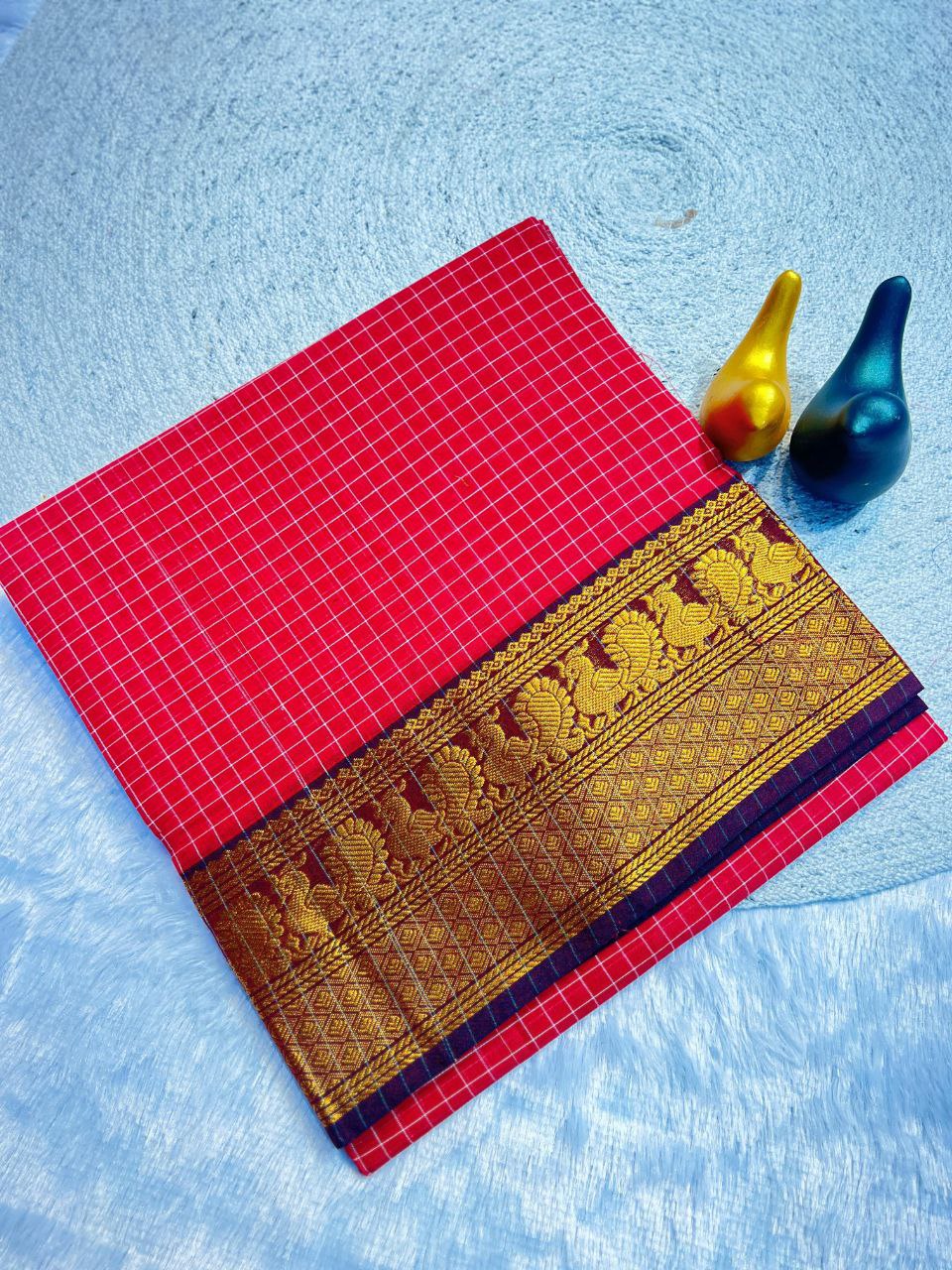 Graceful Checked Weave Saree with Traditional Woven Border - MAGENTA