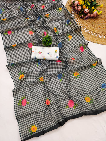 Delicate Floral Motif Saree with Comfortable Draping and Elegant Style - BLACK