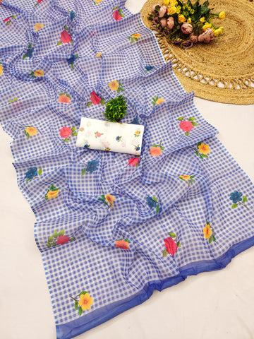 Delicate Floral Motif Saree with Comfortable Draping and Elegant Style - BLUE